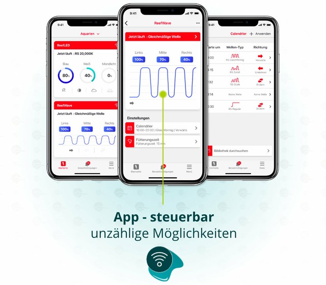 Dieses Bild zeigt die Moeglichkeiten der Red Sea ReefWave 25 App-Steuerung